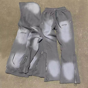 Custom Winter <b>Joggers</b> Distressed Acid Wash Unisex Tracksuit <b>Oversized</b> Cotton Printed Embroidery Flared Hoodie Sweatpants Set - Product Image 3