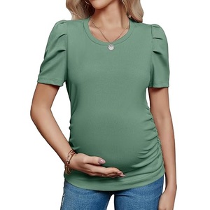 T-shirt de maternité personnalisé à manches courtes et col rond 100 % coton pour femme, respirant et uni, pour l'allaitement et la grossesse - Product Image 1