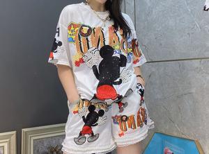 Nuevo Estilo Conjunto de Dos Piezas de Camiseta con Pedrería Resistente y Pantalones Cortos de Talla Grande para Mujer, Atuendo Casual de Manga Corta, Exportación - Product Image 6