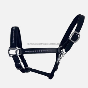 Black English Leather horse halter with cow softy padding <b>stitched</b> and Decorative round crystals fancy horse racing halter - Product Image 2