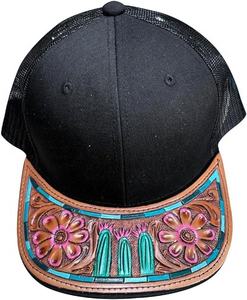 Leather Cap Western Summer Trucker Hand <b>tooled</b> Hat Patch Hat Handmade Summer Cap - Product Image 1