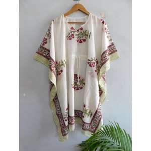 Túnica Kaftán de Algodón Hecha a Mano con Estampado de Bloques, Estilo Boho, para Playa, Manga Murciélago, Cuello en V, Corte Regular, para Vacaciones de Verano - Product Image 3