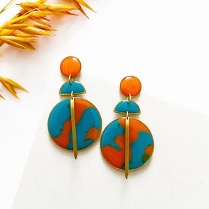 Pendientes de Resina de Moda, Redondos, con Diseño Marmoleado en Naranja y Azul, Hechos a Mano, Joyería de Plástico, Pendientes de Botón - Product Image 2