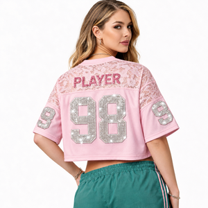 Jersey Corto de Fútbol Americano con Panel de Encaje Rosa, Estilo Y2K, con Letras de Diamantes de Imitación, Malla Chic, Corte Cuadrado, Uniforme Deportivo Personalizado para Mujer - Product Image 3