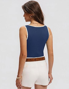 Camisetas sin mangas con cuello redondo para mujer, de punto acanalado con borde festoneado, estilo casual y sexy para verano - Product Image 2