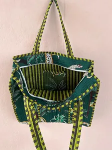 Luxury Green Quilted Cotton <b>Tote</b> <b>Bag</b> with Animal Hand Print Bohemian Style <b>Summer</b> Casual Open Shopping <b>Bag</b> for Women - Product Image 2