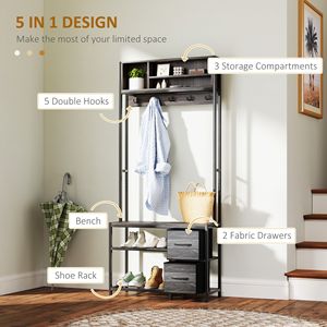 Porte-manteau d'entrée 5-en-1 avec 3 étagères de rangement, 2 tiroirs en tissu, banc et rangement à chaussures, gris - Product Image 4
