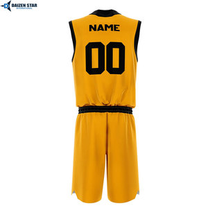 Custom Sublimated V-Neck Sleeveless Basketball Jersey Set Yellow Black Plaid Moisture Wicking Elastic Waist Unisex Adult 100% - Product Image 3