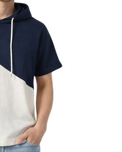 Customized <b>Men</b> Short Sleeve Hoodie T Shirt <b>Navy</b> Blue And White Color Block Casual Pullover Hooded Top Soft Cotton Summer Wear - Product Image 4