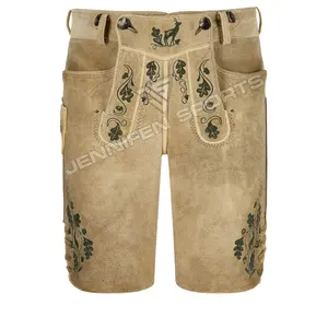 Trachten Style Genuine Herren Suede Leather Men's Lederhosen Short Button's Closing Front Embroidery Sides Pockets Belt Loops