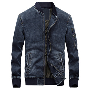 Veste en jean d'hiver pour homme, coupe slim décontractée, style aviateur, classique, légère, 100% coton, col montant côtelé, poches zippées, Fortleo - Product Image 1
