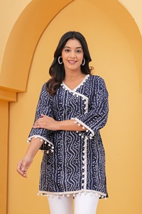 Kurti de Rayón Estampado para Mujer, Azul Marino, Túnica Étnica con Encaje de Pompones, Kurti Informal - Product Image 5