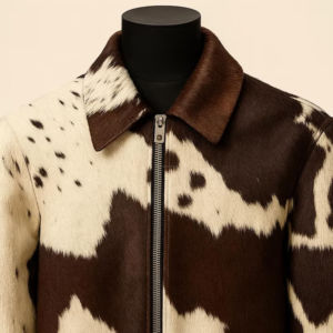 Veste en cuir à imprimé vache pour homme, col montant, fermeture éclair, doublure en fausse fourrure, coupe-vent, style décontracté hiver, coupe régulière - Product Image 3
