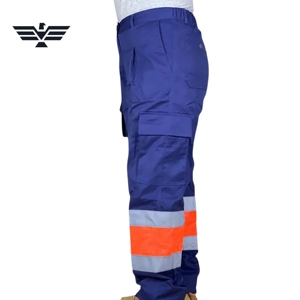 Pantalon de travail réfléchissant en polyester bleu marine fluorescent haute visibilité avec bandes de sécurité orange - Product Image 4