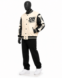 Unisex Cream Black Varsity Jacket Faux Leather Sleeves Bone Applique Snap <b>Button</b> Streetwear Bomber Custom Logo College Style - Product Image 5