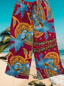Pantalon unisexe indien bohème vintage Kantha en coton fait main, entièrement réversible, coupe large, idéal pour l'été, vente en gros - Product Image 4