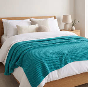 Cotton Waffle Knit Bed <b>Blanket</b> Solid Red Rectangular Minimalist Style All Season Use Washable Eco Friendly Cotton <b>Blanket</b> - Product Image 2