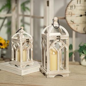 Farol Decorativo de Madera Blanco Vintage, Portavelas de Estilo Gótico, Farol Colgante - Product Image 1