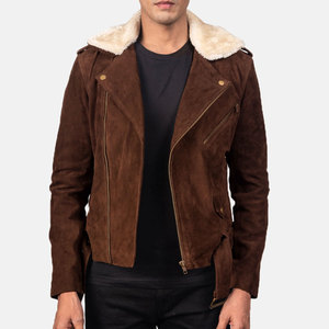 <b>Men's</b> Brown <b>Suede</b> Motorcycle <b>Jacket</b> With Faux Fur Lining Zipper Closure Winter Moto Biker Style Slim Fit - Product Image 2