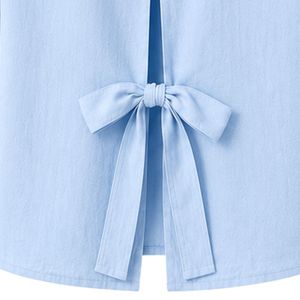 Camisa Corta Bordada Azul Cielo Personalizada para Mujer, Blusa Casual de Verano con Botones y Manga Corta, Mezcla de Lino con Logotipo Personalizado - Product Image 6