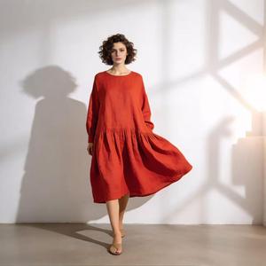 Women Elegant <b>Boho</b> Cotton Linen Maxi <b>Dress</b> <b>Long</b> Sleeve Loose Fit Round Neck Flowy Casual Midi <b>Dress</b> - Product Image 1