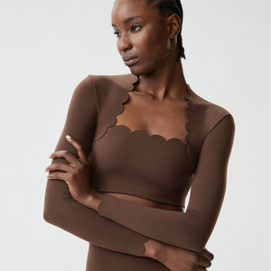 White Strapless Square Neck Long Sleeve Full Length Scallop <b>Hem</b> Low Waist Seamless Yoga 2-Piece Set Quick Dry Large Size - Product Image 2