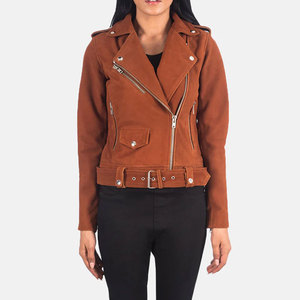 Women's Real Suede <b>Leather</b> Biker Jacket Western Fringe Style <b>Rivet</b> Stand Front Breathable Wholesale Premium Brown Suede <b>Leather</b> - Product Image 1