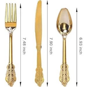 Ensemble de couverts de luxe style classique doré pour décoration de table, cuillère, fourchette, couteau, sans BPA, sans danger pour les aliments. - Product Image 3