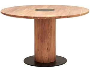 Mesa de comedor redonda con base de pedestal llamativa, tablero de madera maciza de acacia, acabado negro y natural, para el hogar, cocina o restaurante. - Product Image 2