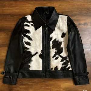 Blouson de moto en cuir véritable motif vachette, manches longues, col montant, fermeture éclair, fait main, style urbain, pour femme, automne - Product Image 1