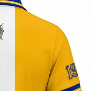 Polo personnalisé pour femmes Sigma Gamma Rho, design trois panneaux bicolore, bleu roi et or, manches courtes, vêtements à lettres grecques, vente en gros - Product Image 3