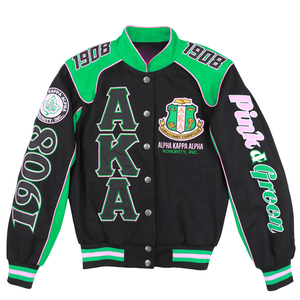 เสื้อแจ็คเก็ต AKA Black Racing Twill ปักลายตัวอักษรแบบ Letterman ติดกระดุมแบบ Snap สำหรับผู้หญิง เสื้อแจ็คเก็ตแฟชั่นพรีเมียม - Product Image 1