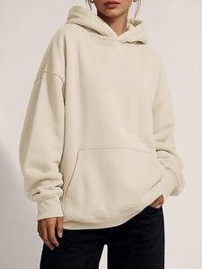 <b>Women</b> Oversized Hooded Sweatshirt Solid Color Fleece <b>Pullover</b> With Pockets Regular Length Autumn Casual Wear - Product Image 3