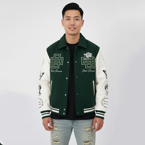 Custom Logo Men's Winter Varsity Letterman Bomber Jacket Streetwear Y2K Vintage Green Wool Blend Sheep Embroidery Graphic Patch - Product Image 4