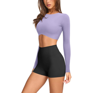 Haut de yoga sans couture pour femme, lavande, manches longues, col rond, couleur unie, avec découpes, vêtement de sport - Product Image 2