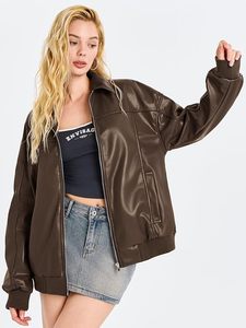 Chaqueta Bomber de Cuero PU para Mujer, Manga Larga, Cuello Camisero, Cierre de Cremallera, Estilo Otoñal, Color Sólido, Material Tejido - Product Image 3