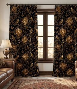 Gold Floral And Bird Velvet Or Blackout Curtain Each Panel Art Nouveau <b>Window</b> Drapes Luxury Decorative Thermal Insulated Room - Product Image 4
