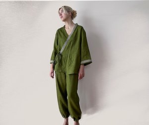 Women <b>Linen</b> Co Ord <b>Set</b> Kimono Style Top with Pants Loose Fit Loungewear Casual Two Piece <b>Set</b> - Product Image 1