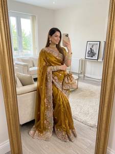 Designer Embroidery Sequence Coding Work And Thread Work In Border Fandy Satin <b>Saree</b> With Running Embroidery Work Blouse Piece - Product Image 1