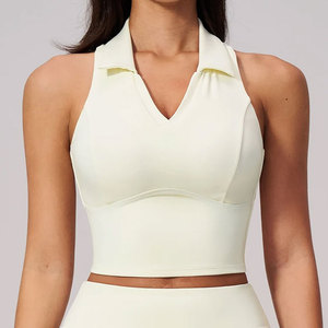 T-shirt court de sport athlétique pour femme, à haute compression, ajusté, sans manches, col polo, bas côtelé, anti-transpiration - Product Image 1