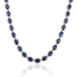 Collar de lujo exclusivo con zafiro azul natural y diamantes, estilo halo, para novias, en oro blanco real de 14 quilates. - Product Image 1