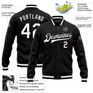 Custom Sublimation Uniform Black White <b>Bomber</b> <b>Varsity</b> Letterman <b>Jacket</b> Full Snap Button Casual Fashion Sports Outerwear - Product Image 2