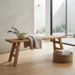 Solid Wood Long Dining <b>Bench</b> Modern Minimalist A Line Frame Leg Natural Teak Style Wooden <b>Bench</b> Entryway Home Seating Furniture - Product Image 2