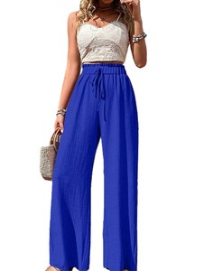 Pantalon large taille haute pour femme, décontracté, coupe ample, vert uni, en coton, séchage rapide, respirant, plissé devant, élastique, pour l'été - Product Image 4