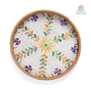 14 inch Round Rattan <b>Tray</b> Home Decor, Wicker Serving <b>Tray</b> with Mother of Pearl Inlay, Boho Decorative <b>Tray</b> for Coffee Table, - Product Image 3