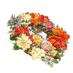Ghirlanda Decorativa Artificiale alla Moda da 24 Pollici in Rosso, Arancione e Giallo con Ortensie, Rose e Targa in Legno - Product Image 4