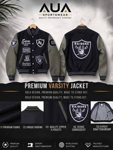 เสื้อแจ็คเก็ตวาร์ซิตี้ Raiders สำหรับผู้ชาย สีดำเขียวมะกอก ติดกระดุมด้านหน้า ปักโลโก้ สไตล์ Preppy เหมาะสำหรับใส่ในฤดูใบไม้ร่วง - Product Image 3