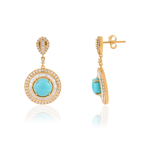 Pendientes de Oro Amarillo de 14K con Turquesa de Corte Cabujón y Doble Halo de Diamantes, Joyería de Boda para Mujer, Más Vendidos - Product Image 3