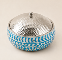 Casserole de luxe carrée en acier inoxydable avec motif feuille bleue, couvercle martelé, durable, isolée, incrustation de nacre orientale et bois