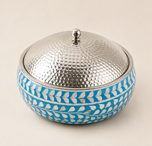 Casserole carrée en acier inoxydable, motif feuille bleue, couvercle martelé, design oriental durable, incrustation nacre, poignée en bois - Product Image 2